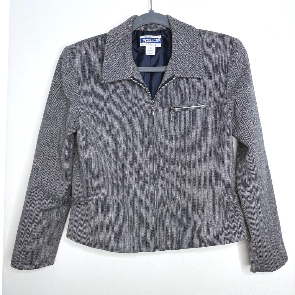 Vintage Pendleton Navy Herringbone 100% Wool Jacket Petite 8 Cropped Zip USA
